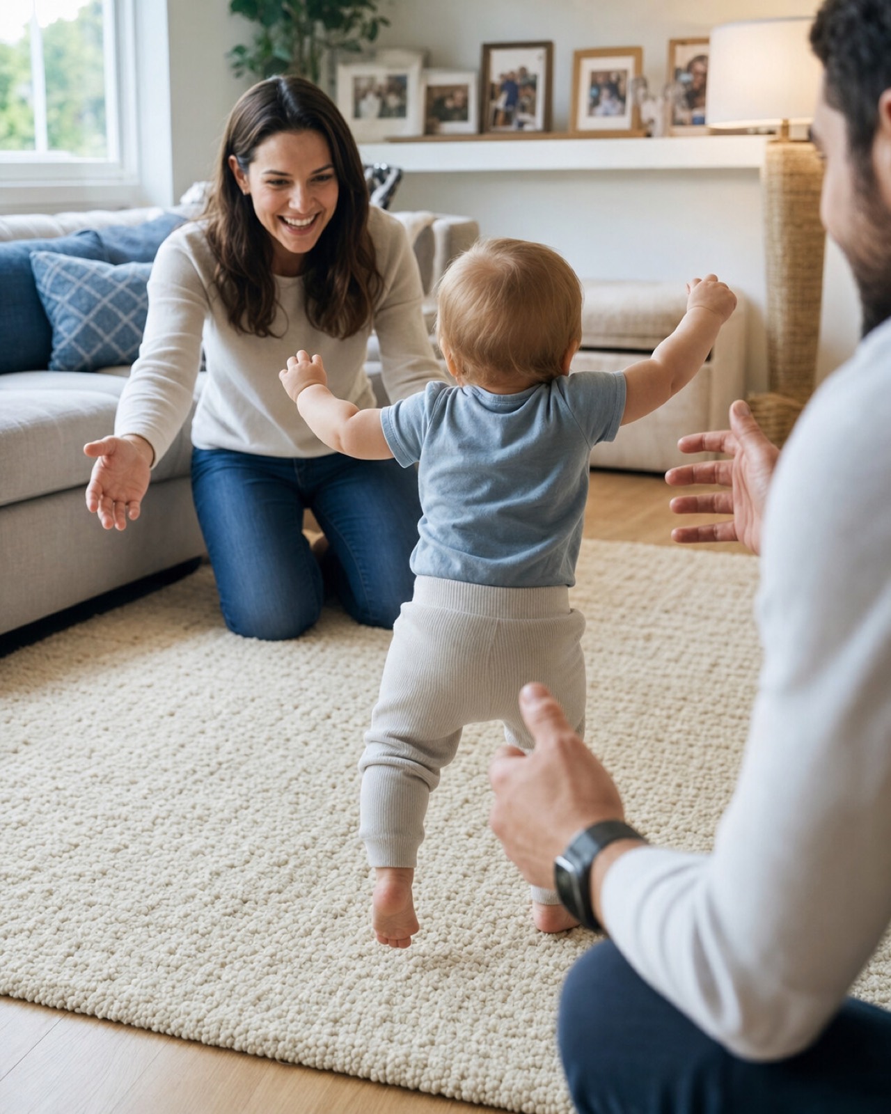 A baby's first steps toward open arms, showing on the living room TV