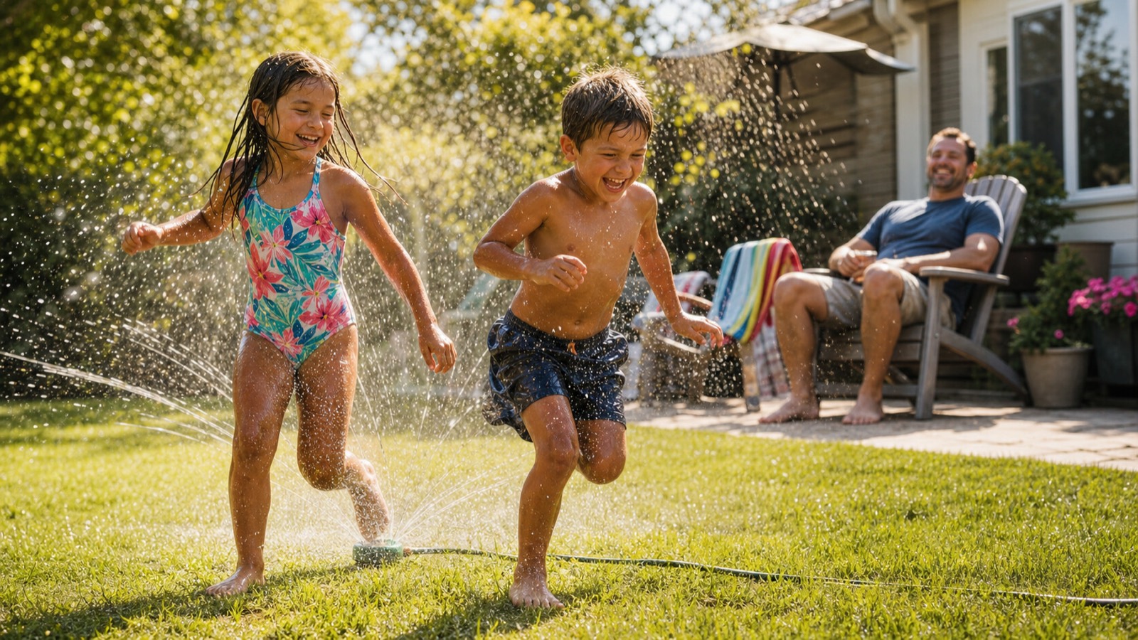 Kids running through a backyard sprinkler, showing on the office TV